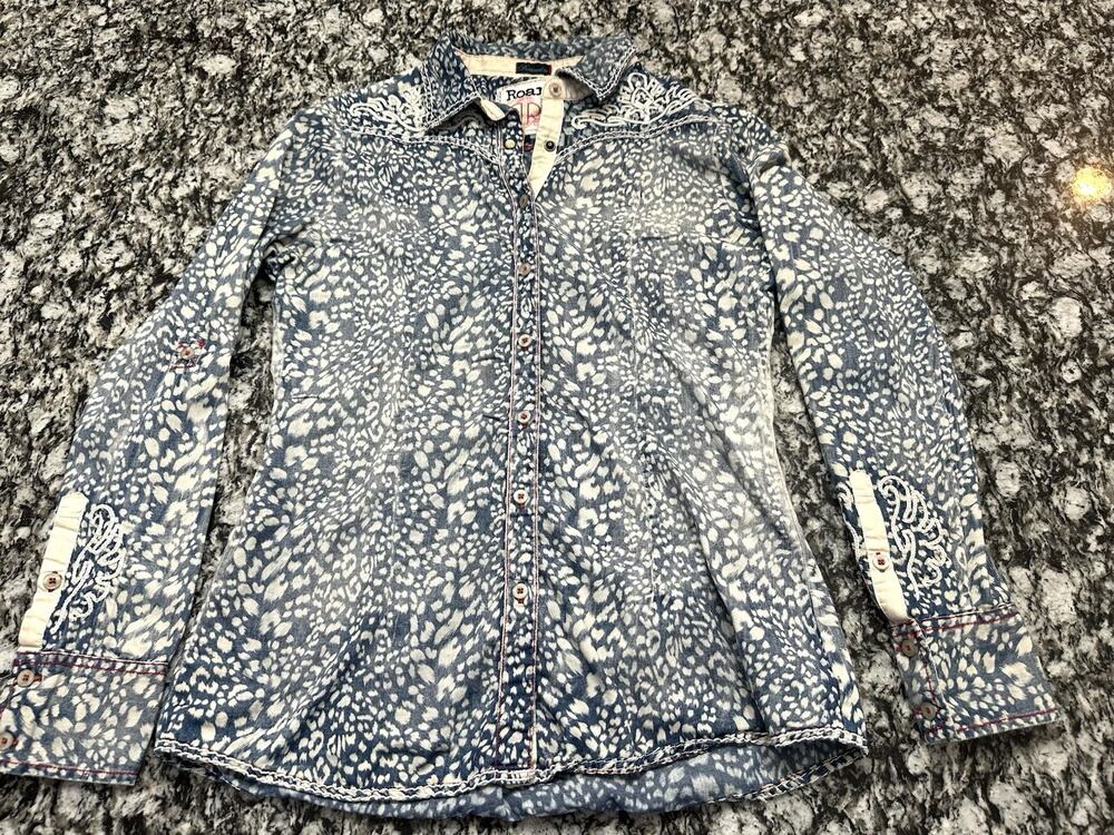Roar Large Tumbleweed The Buckle Denim Blue Leopard Western Button Up Shirt